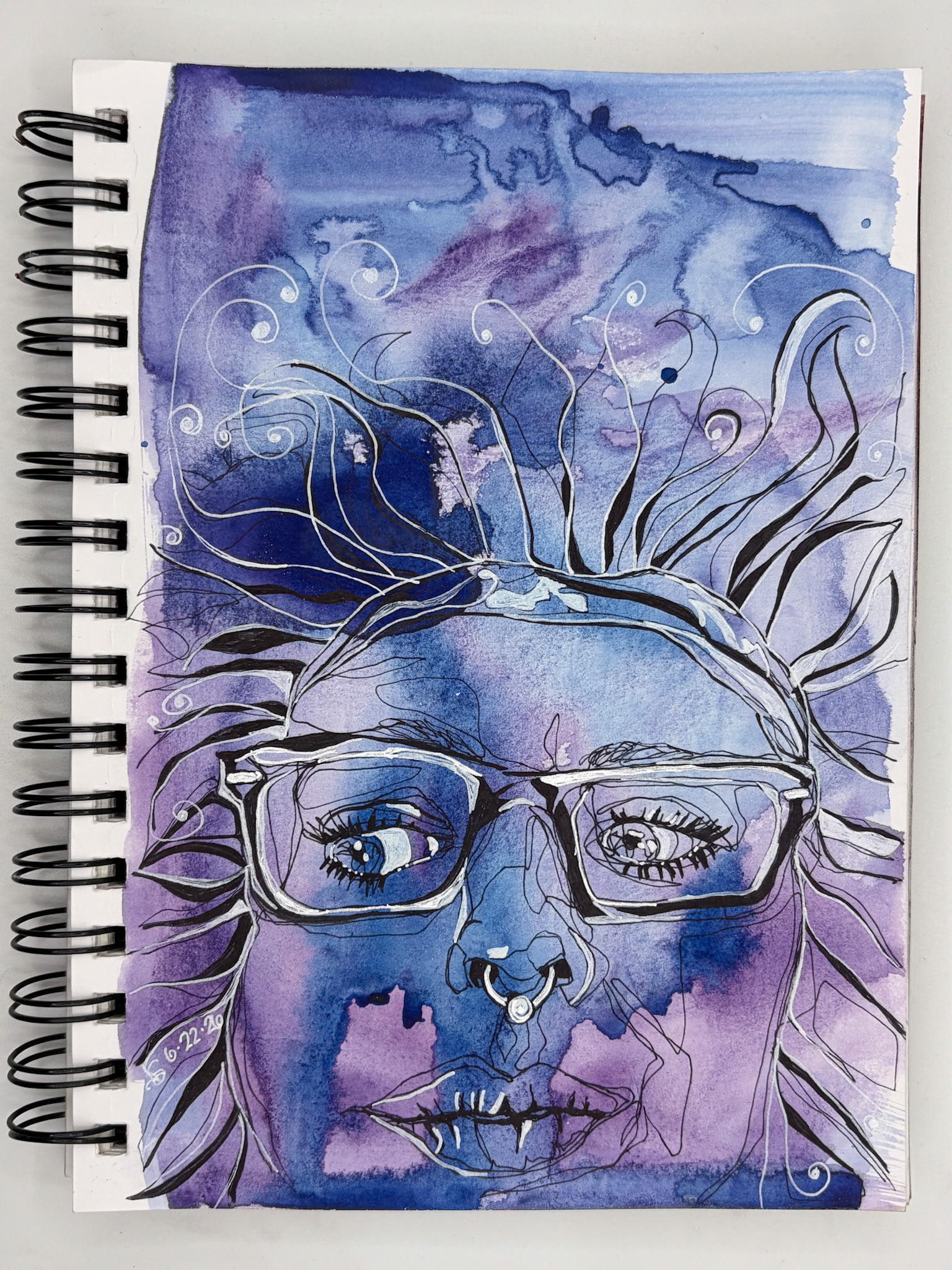 “Self Portrait Challenge: Day 19 of 40," Watercolor, Pen and Ink, 2026, 5.5” x 8.5”, NFS