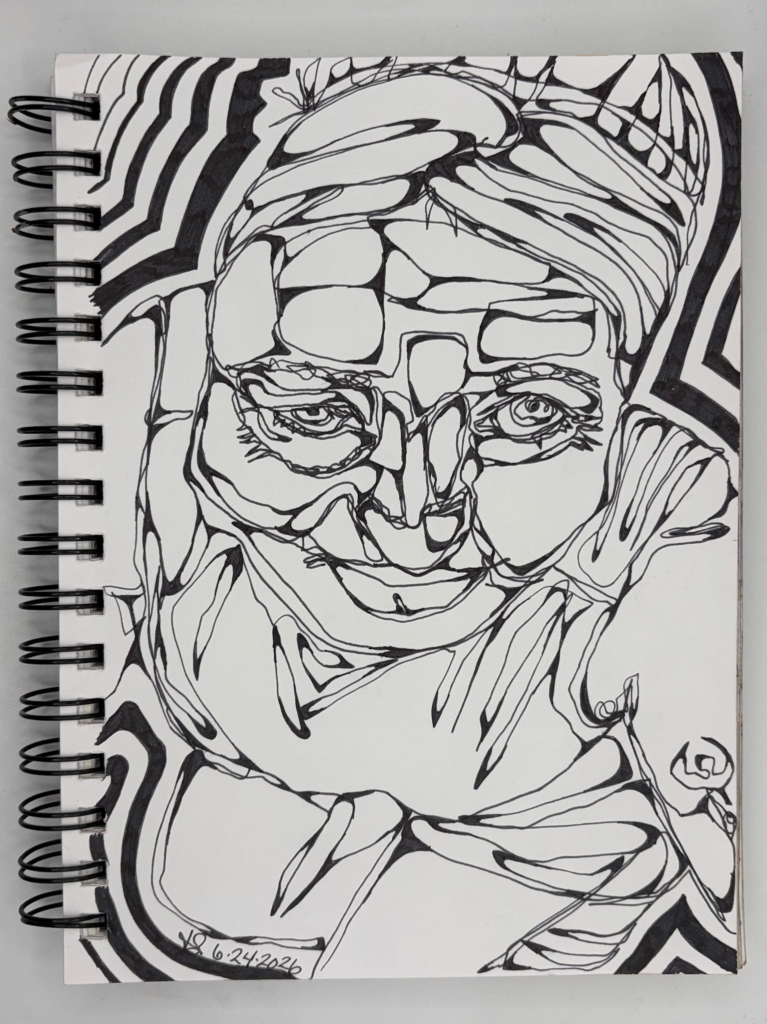 “Self Portrait Challenge: Day 21 of 40," Pen and Ink, 2026, 5.5” x 8.5”, NFS