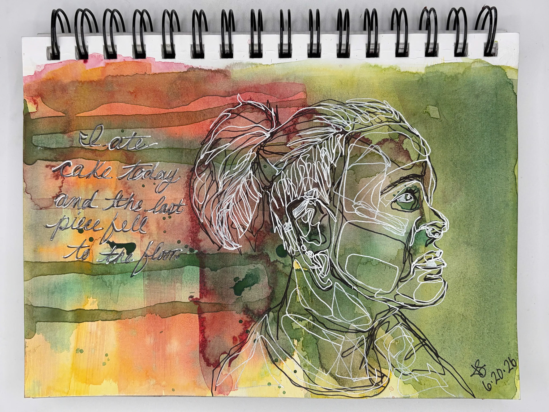 “Self Portrait Challenge: Day 17 of 40," Watercolor, Pen and Ink, 2026, 8.5” x 5.5”, NFS