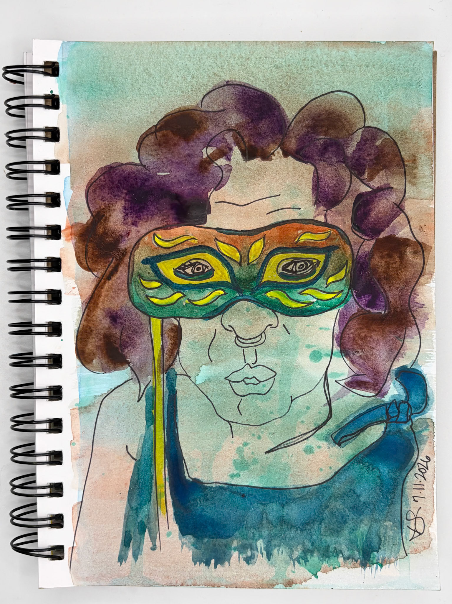 “Self Portrait Challenge: Day 37 of 40," Watercolor, Pen and Ink, 2026, 5.5” x 8.5”, NFS