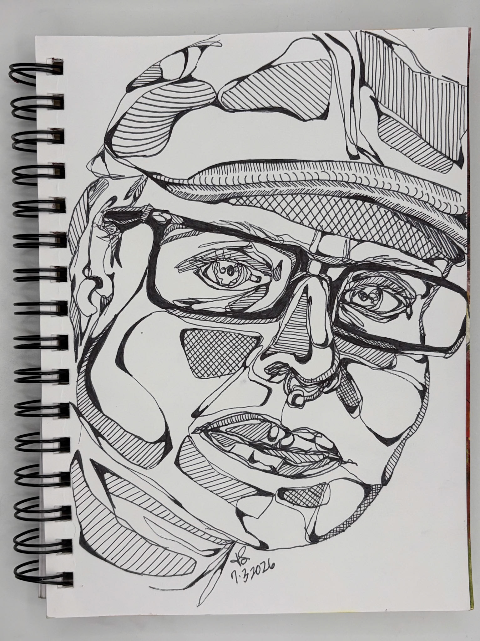 “Self Portrait Challenge: Day 31 of 40," Pen and Ink, 2026, 5.5” x 8.5”, NFS