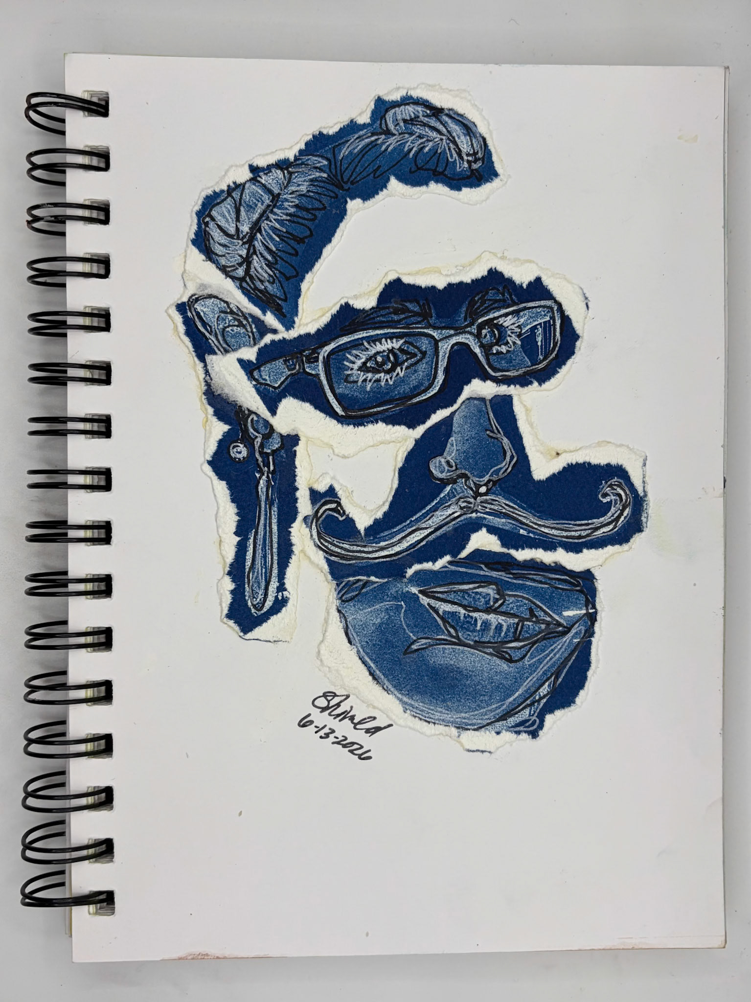 “Self Portrait Challenge: Day 10 of 40," Cyanotype Print, Pen and Ink, 2026, 5.5” x 8.5”, NFS