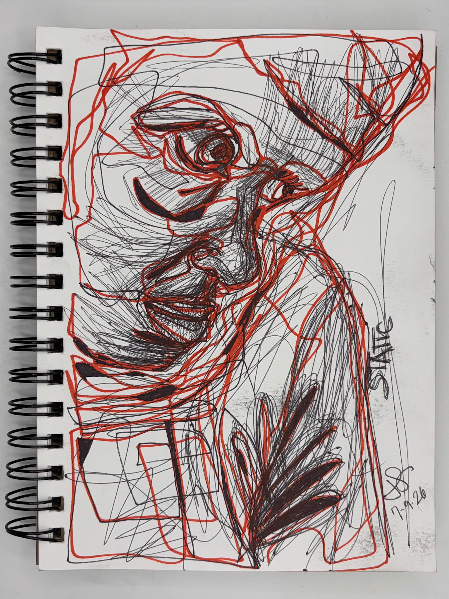 “Self Portrait Challenge: Day 35 of 40," Pen and Ink, 2026, 5.5” x 8.5”, NFS