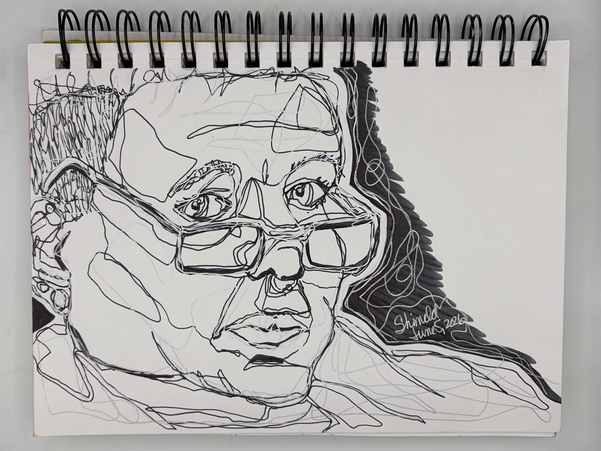 “Self Portrait Challenge: Day 2 of 40," Pen and Ink, 2026' 5.5” x 8.5”, NFS