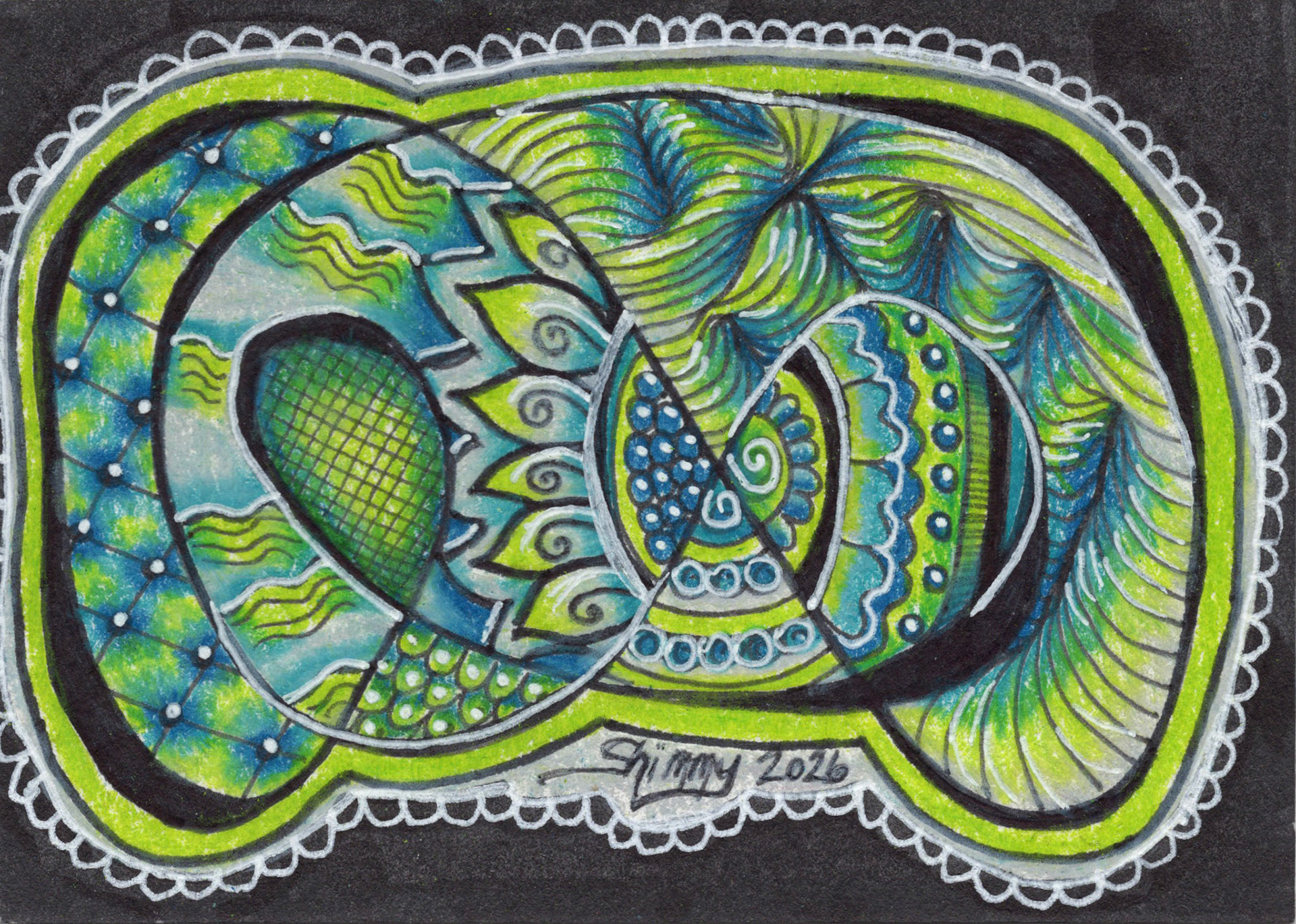 The Dancing Tides, The Meditative 13 Series 11 of 13, 2026, Colored Pencil, Pen and Ink, 2.5"x3.5", Check Shop Link for Availability