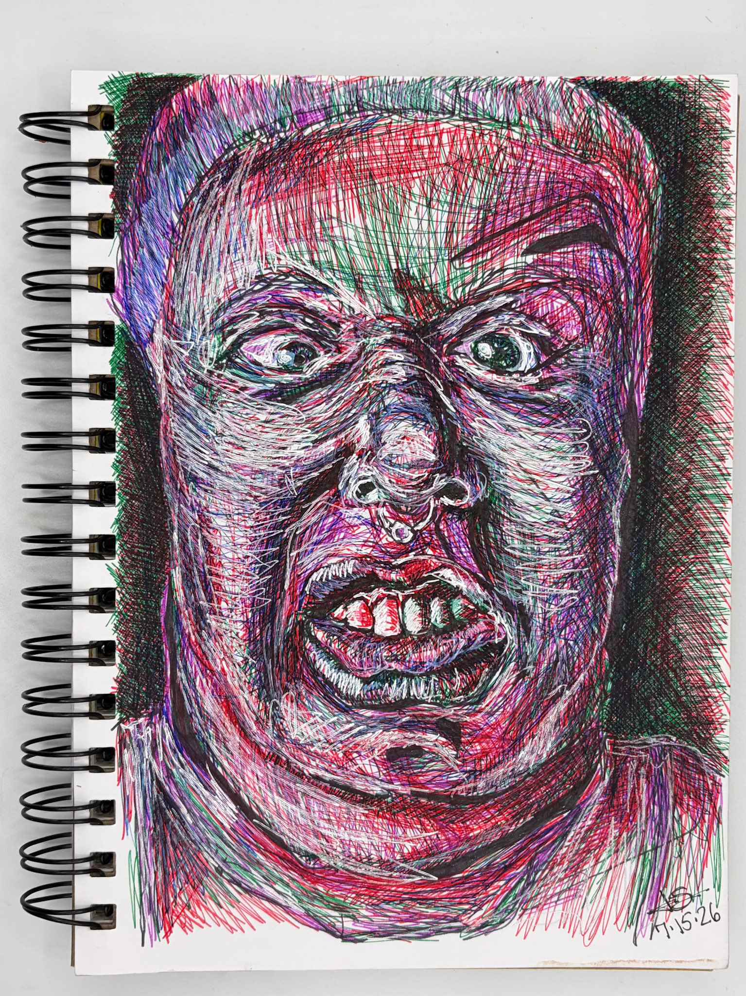 “Self Portrait Challenge: Day 40 of 40," Pen and Ink, 2026, 5.5” x 8.5”, NFS