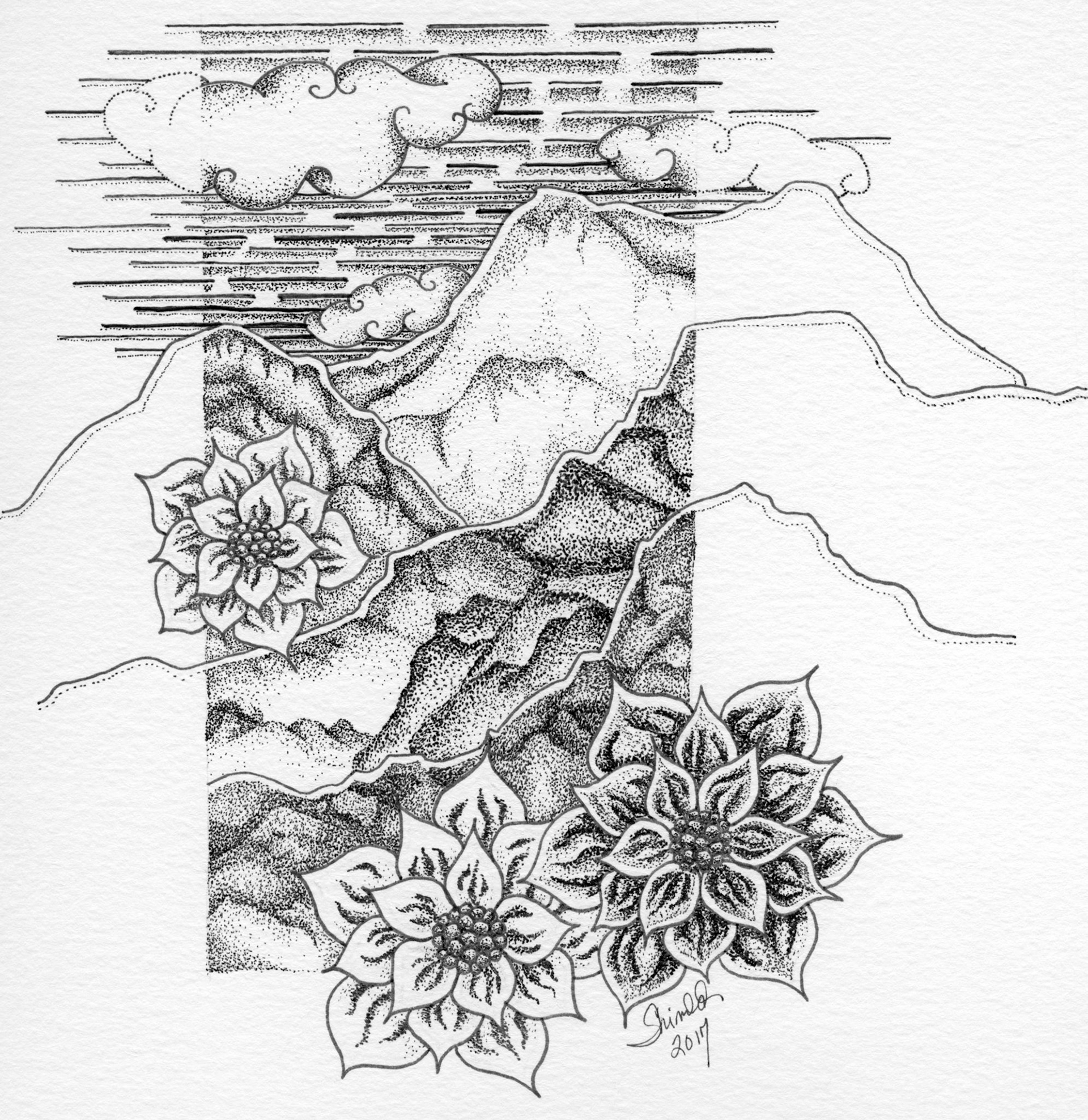 FLORAL MOUNTAINS,  Pen and Ink, 2017, 8'X10", $210 framed.