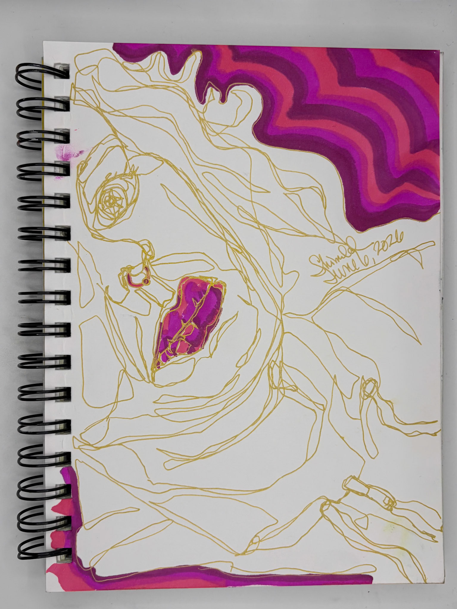 “Self Portrait Challenge: Day 3 of 40," Pen and Ink, 2026, 5.5” x 8.5”, NFS