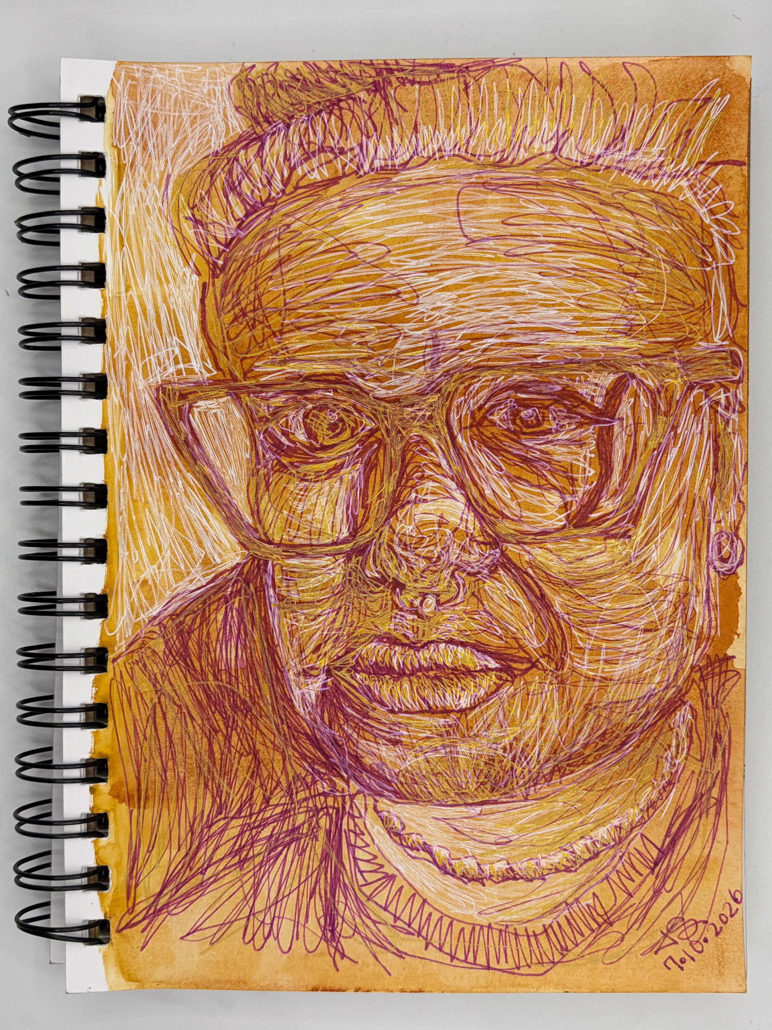 “Self Portrait Challenge: Day 36 of 40," Watercolor, Pen and Ink, 2026, 5.5” x 8.5”, NFS