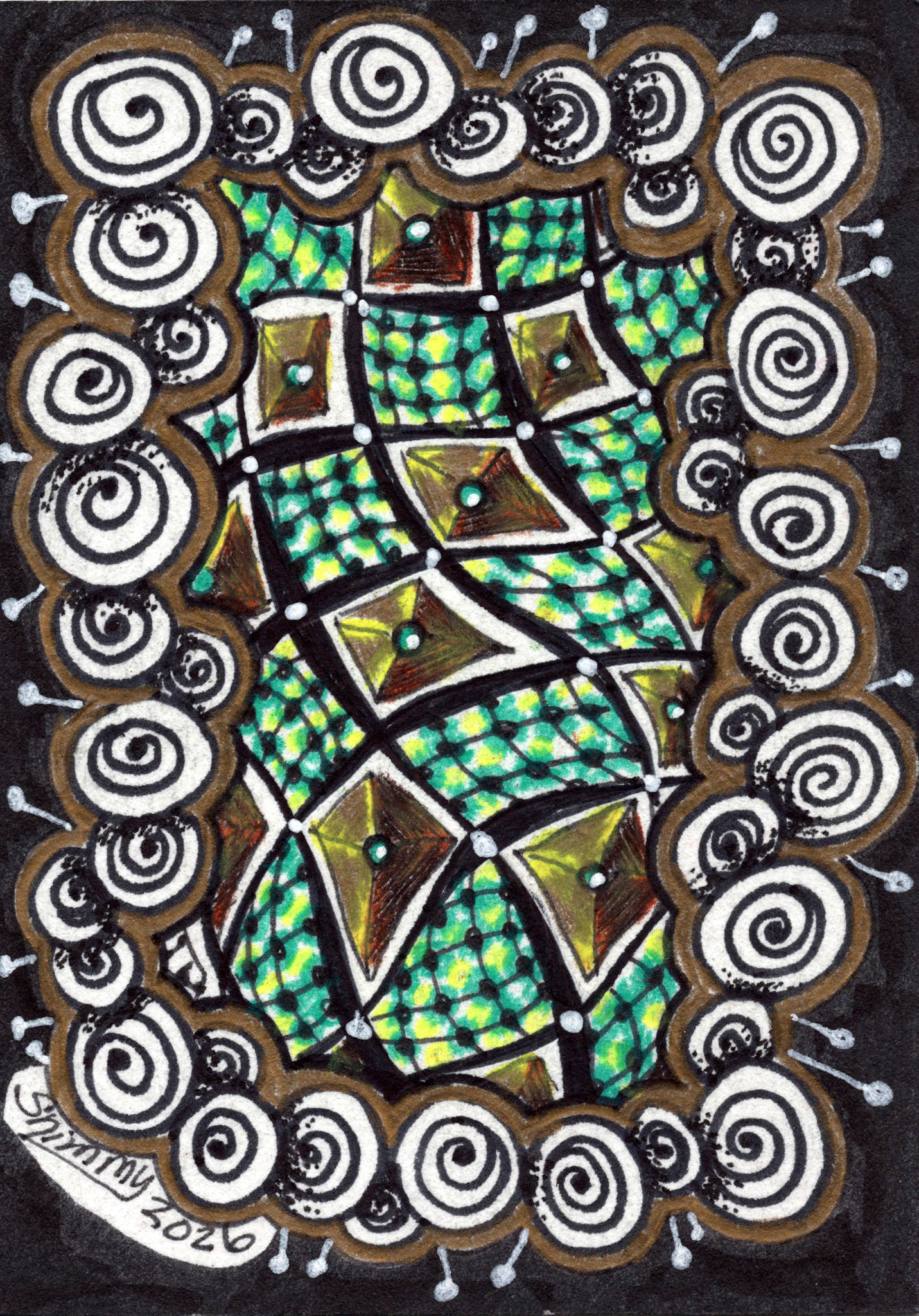 Nebula Lattice, The Meditative 13 Series 3 of 13, 2026, Colored Pencil, Pen and Ink, 3.5"x2.5", Check Shop Link for Availability