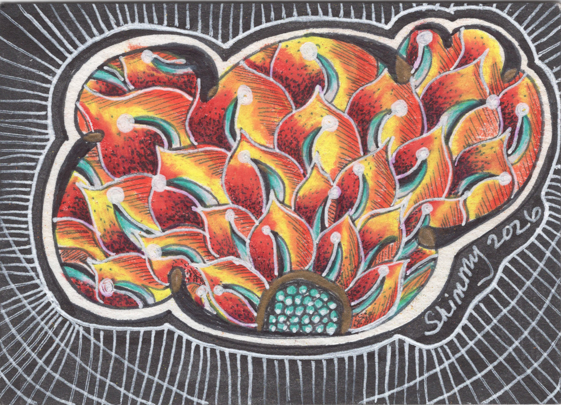 Fiery Bloom, The Meditative 13 Series 5 of 13, 2026, Colored Pencil, Pen and Ink, 2.5"x3.5", Check Shop Link for Availability