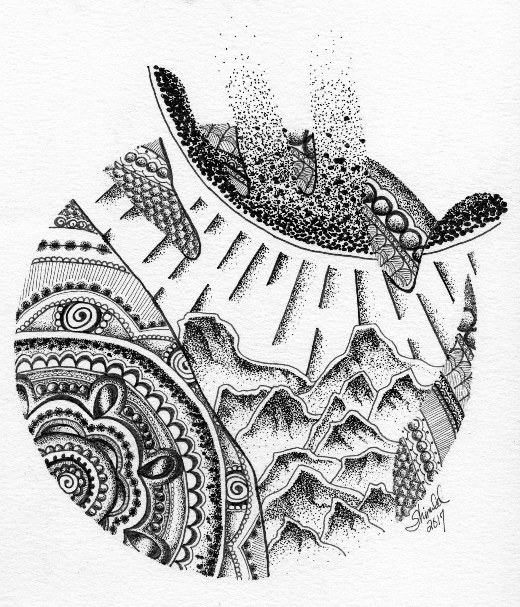 MANDALA AND HAND, Pen and Ink, 8"X10", NFS.