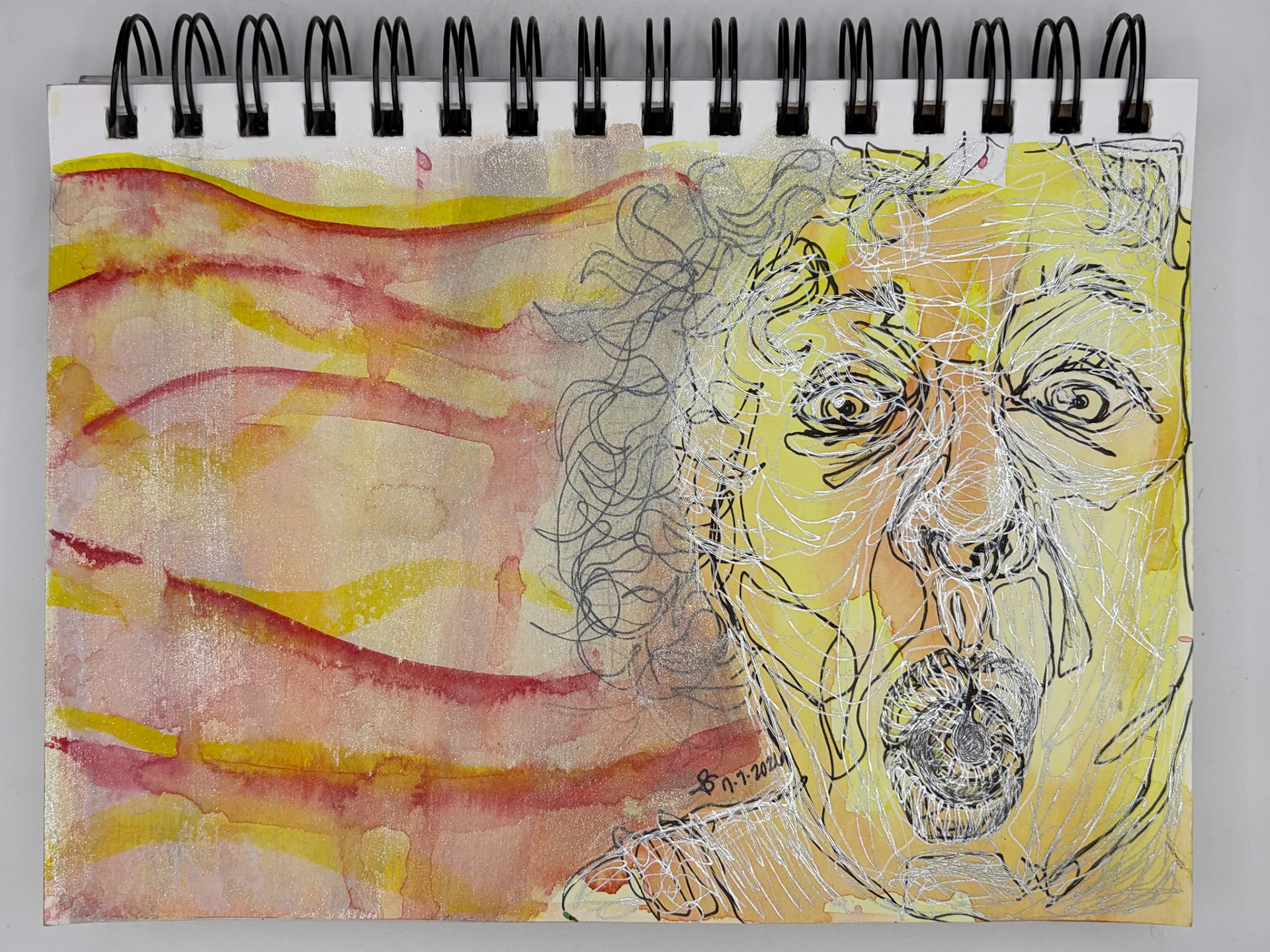 “Self Portrait Challenge: Day 33 of 40," Watercolor, Pen and Ink, 2026, 8.5” x 5.5”, NFS