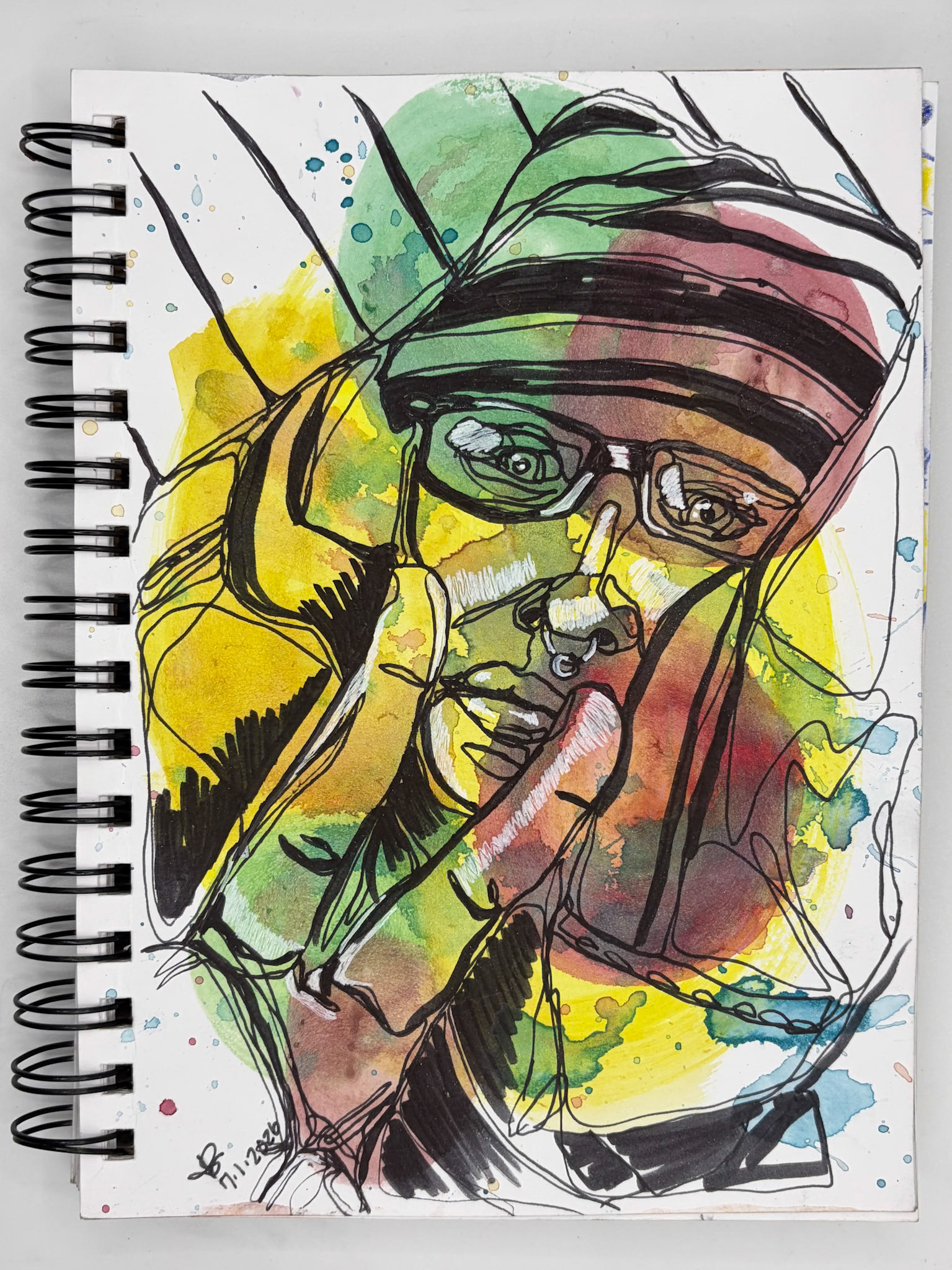 “Self Portrait Challenge: Day 28 of 40," Watercolor, Pen and Ink, 2026, 5.5” x 8.5", NFS