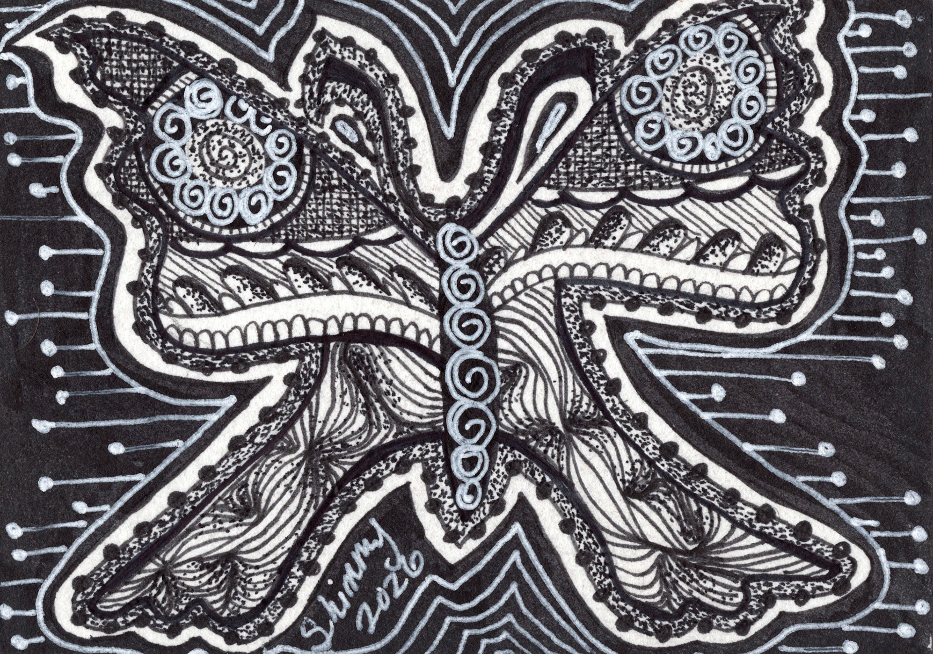 Gothic Butterfly, The Meditative 13 Series 7 of 13, 2026, Pen and Ink, 2.5"x3.5", Check Shop Link for Availability