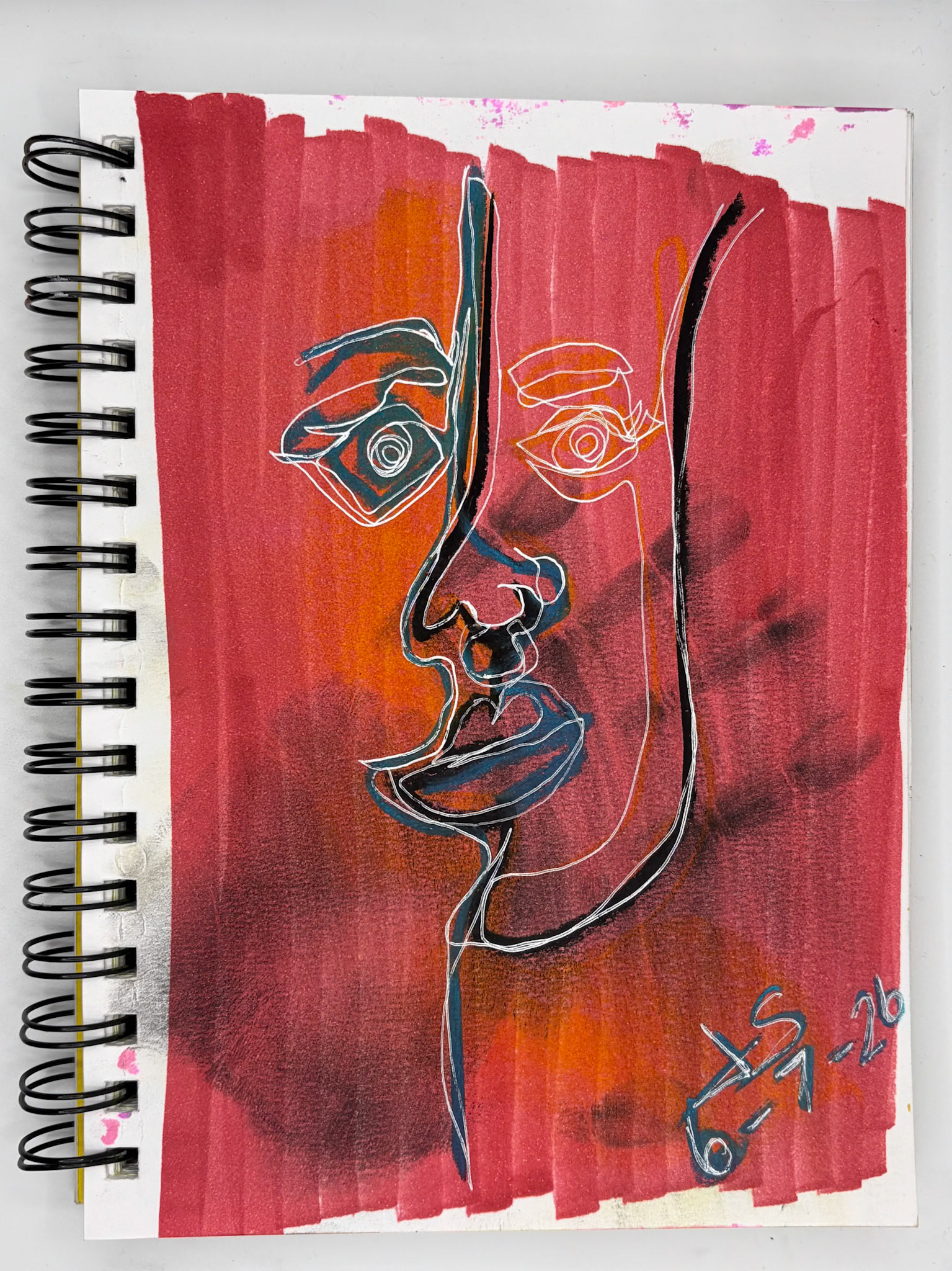 “Self Portrait Challenge: Day 4 of 40," Mixed Media, 2026, 5.5” x 8.5”, NFS