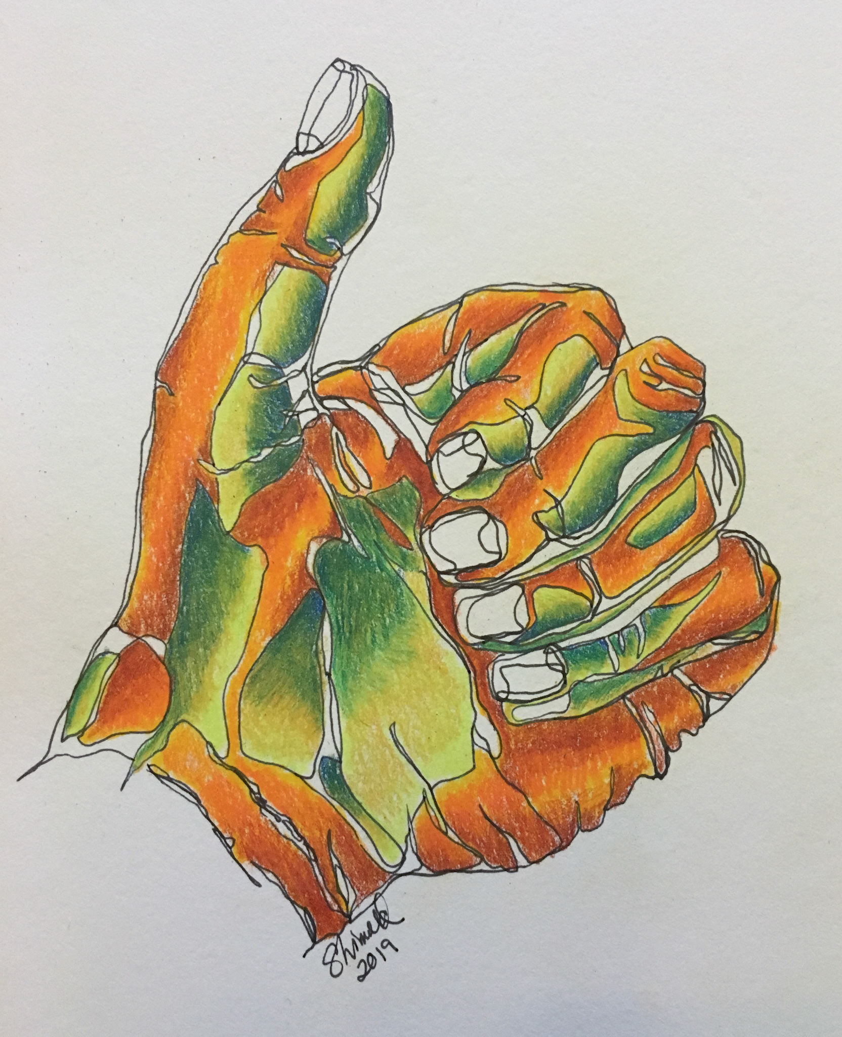 THUMBS UP, 5”x7”, Pen and Ink with Colored Pencil, $65.