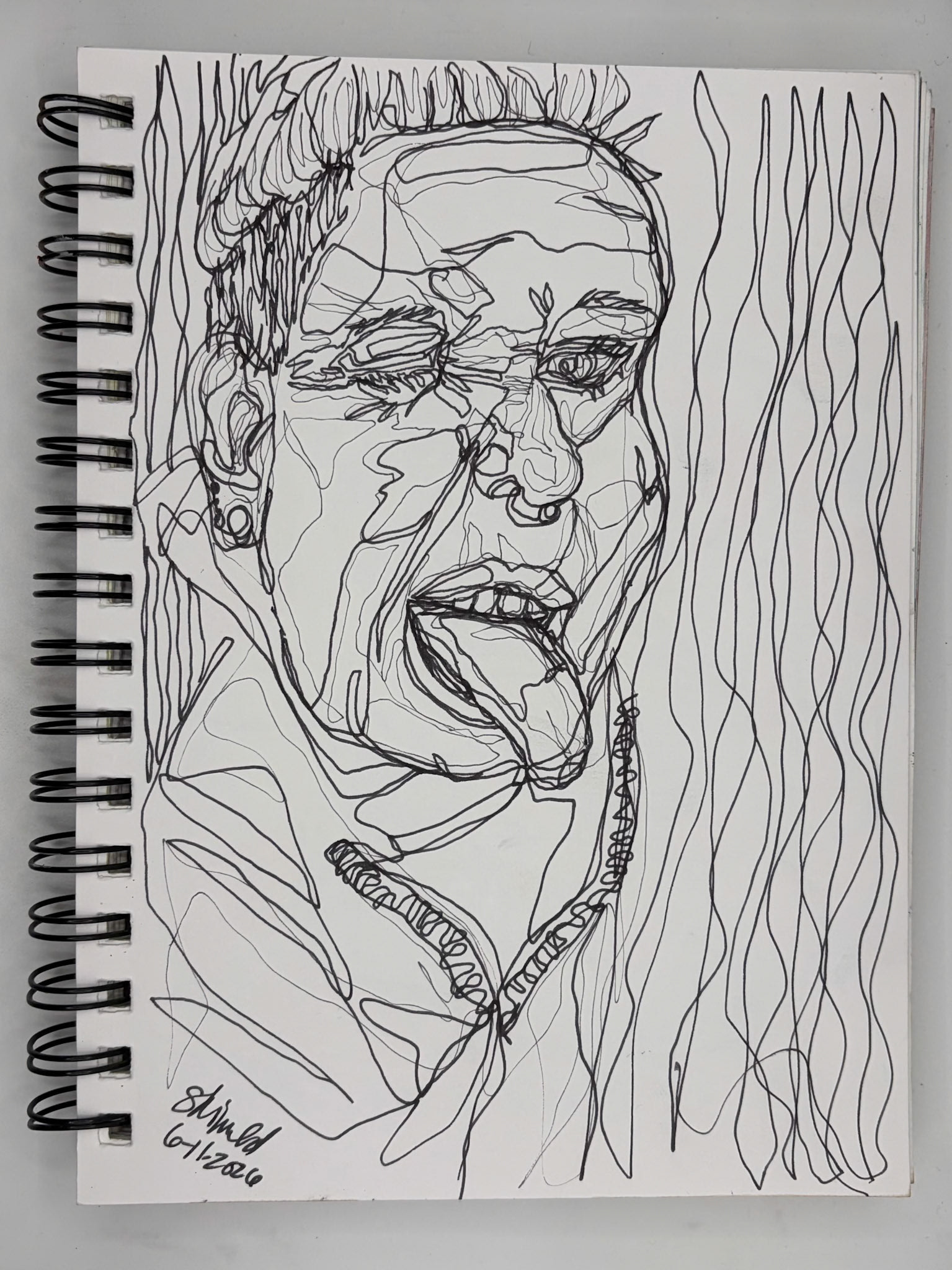 “Self Portrait Challenge: Day 8 of 40," Pen and Ink, 2026, 5.5” x 8.5”, NFS