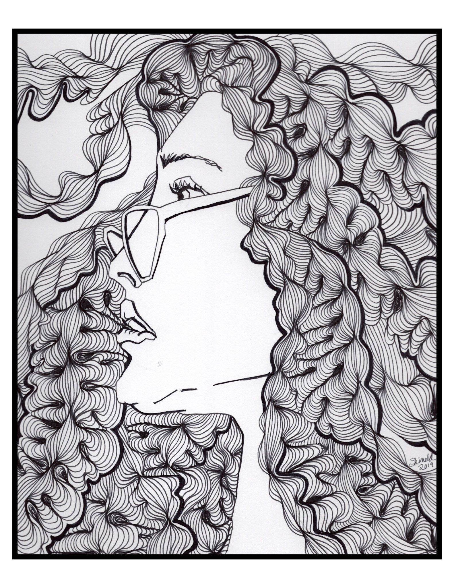 LADY WITH WAVY HAIR, 8.5"x11", Pen and Ink, Digital Download, $7.50