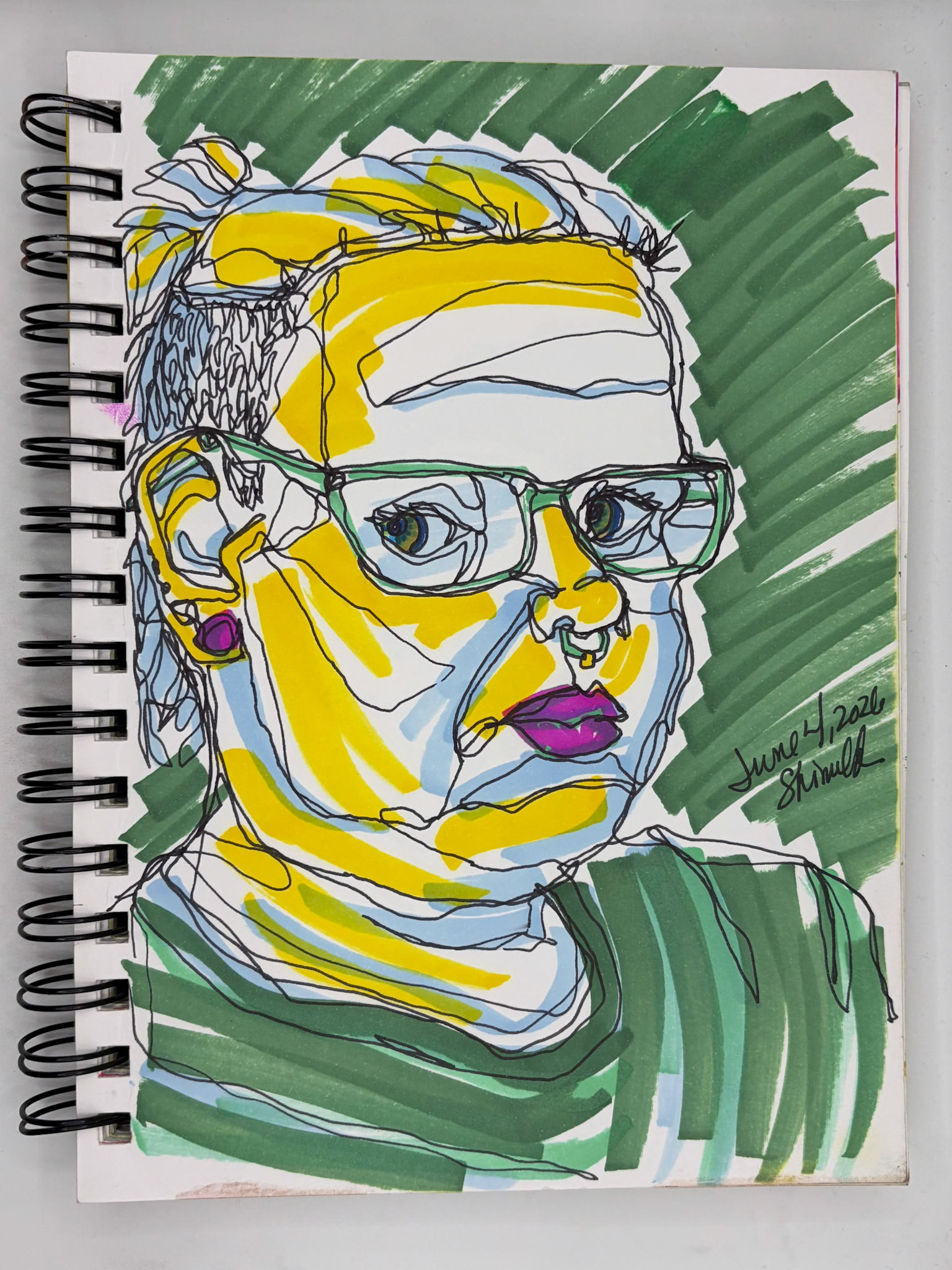 “Self Portrait Challenge: Day 1 of 40," Illustration Markers, 2026, 5.5” x 8.5”, NFS