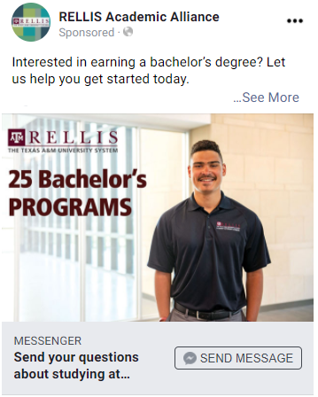 A sample Facebook general degree awareness ad.