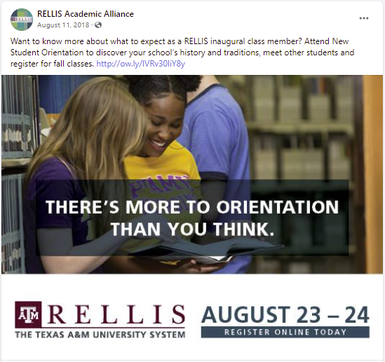 This screenshot is another example of the orientation campaign using the coordinated photoshoot with current Blinn students.