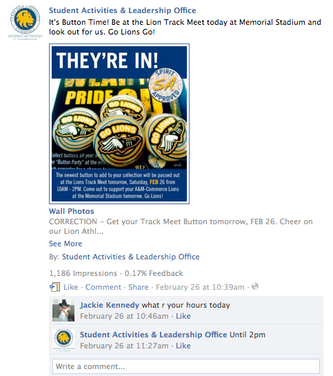 A sample social media post promoting the buttons that were delivered for the upcoming event.