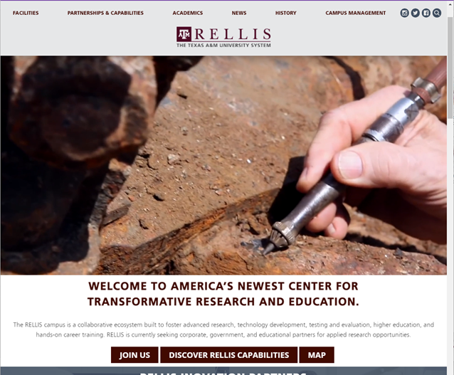 A screenshot of the corporate side of the new RELLIS Campus website.