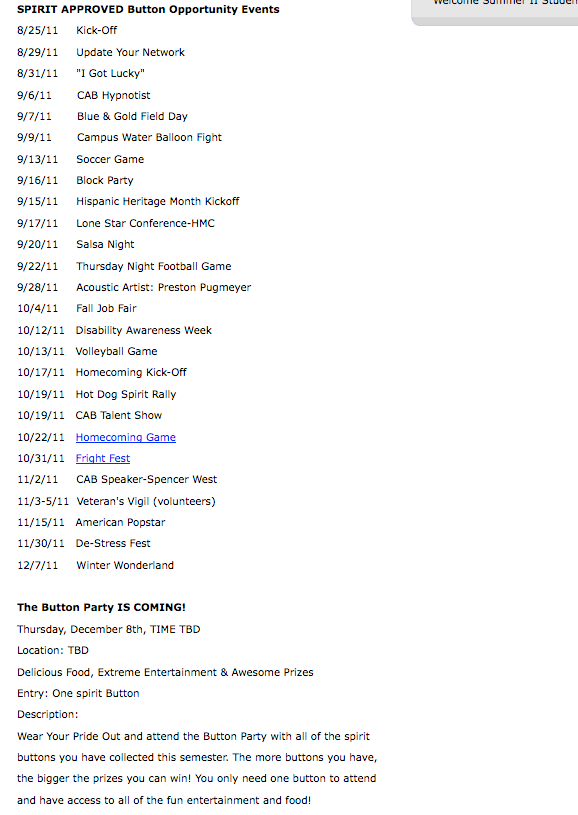 Screenshot of how the Spirit Button approved events and the Button Party were displayed on the website.