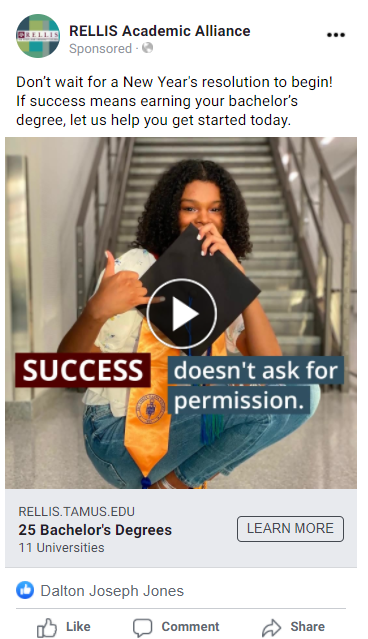 A sample video Facebook ad with graduation as the goal.