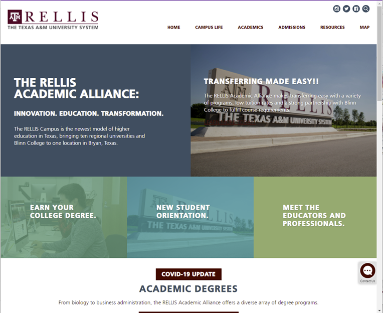 A screenshot of the education side of the new RELLIS Campus website.
