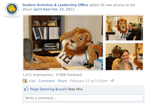 The mascot was involved in the weekly spirit button giveaway by visiting departments and offices.