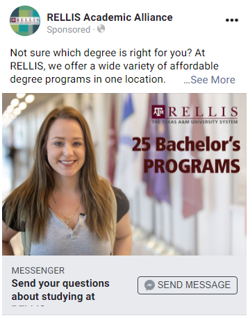 A sample Facebook general degree awareness ad.