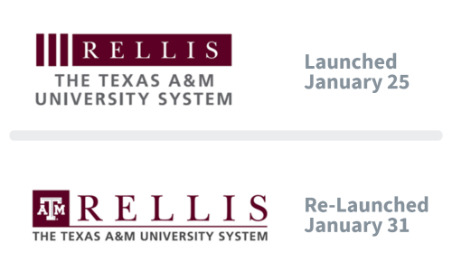 The Graphic has a grey horizontal line in the middle. At the top, the original RELLIS logo with three vertical maroon bars preceeding a maroon rectangle with the letters R E L L I S reversed in the rectangle. "The Texas A&M University System" is stacked beneath the logo. This logo was launched on January 25. The logo at the bottom shows the A&M block logo on the left and the word RELLIS on the right with "The Texas A&M University System beneath. This logo relaunched on January 31.