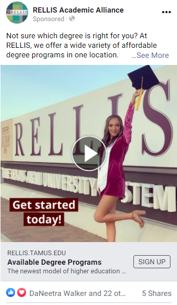 A sample video Facebook ad with graduation as the goal.