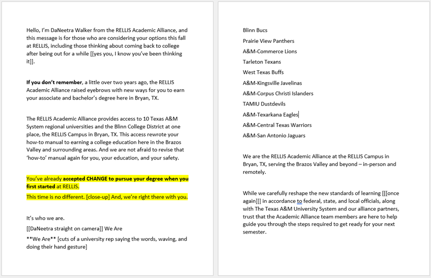 A sample script written for leadership for a commercial to appeal to hesitant students.