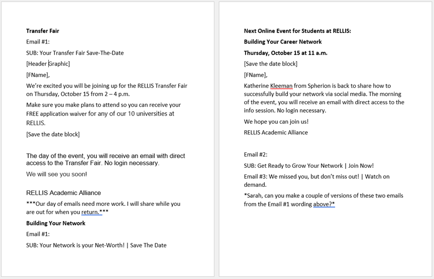A planning document outlining email strategy for an online event.