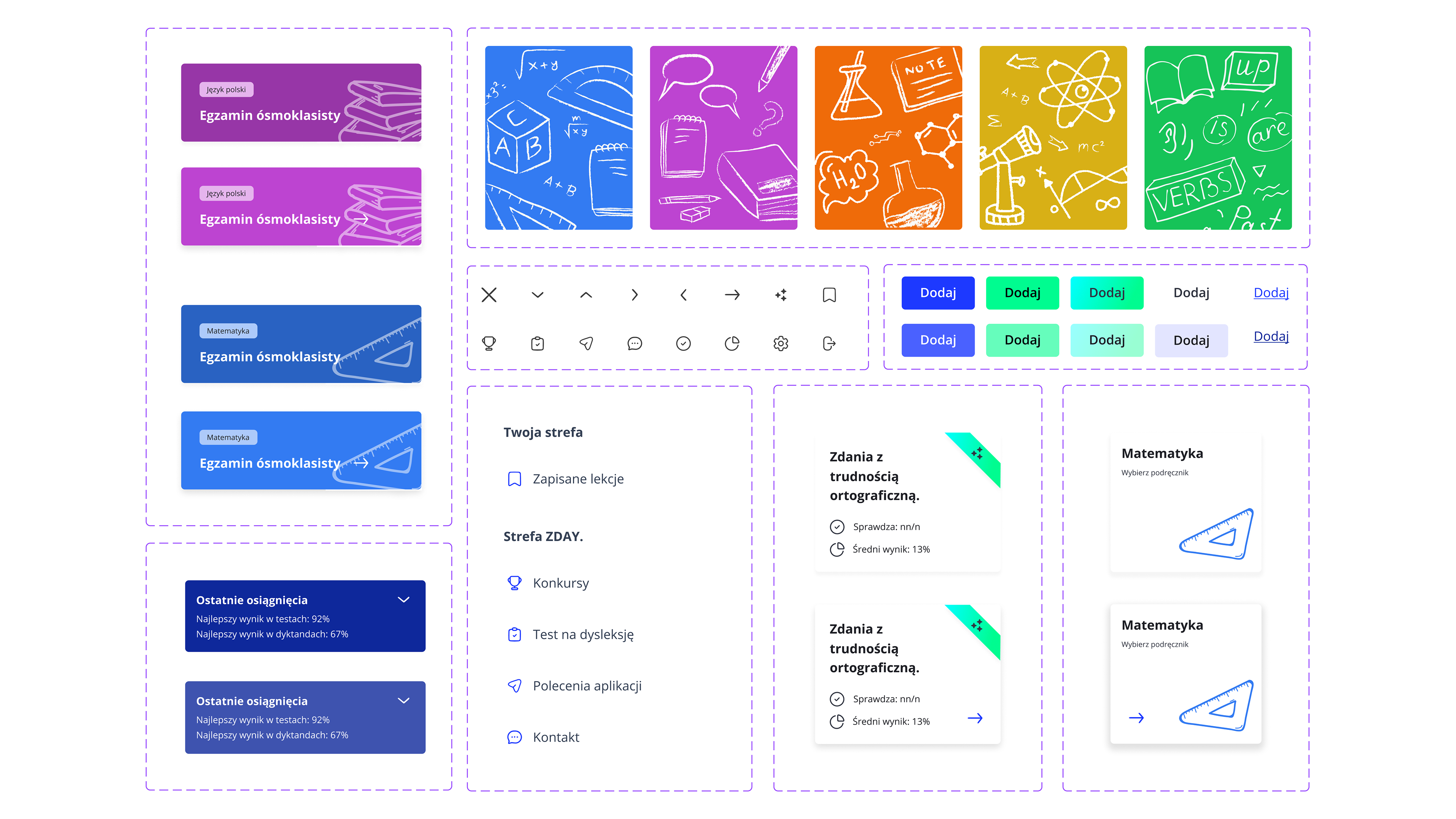 Overview of redesigned UI components from the ZDAY app, including subject cards, buttons, icons, and content tiles..