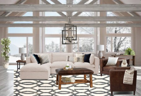 Rustic elegance brought to life in this comfortable winter escape. The client requested a large leather arm, a leather ottoman and a large sectional. The clients Pinterest mood board was a combination of oversized, deconstructed pieces in rich creams, blues and leathers. She loves natural textures, metals and neutrals. However, she was looking to gently introduce color to her chromatophobis husband. Her Pinterest board also weaved in navy/ blue hues and geometrics. This is my embodiment of the clients vision.