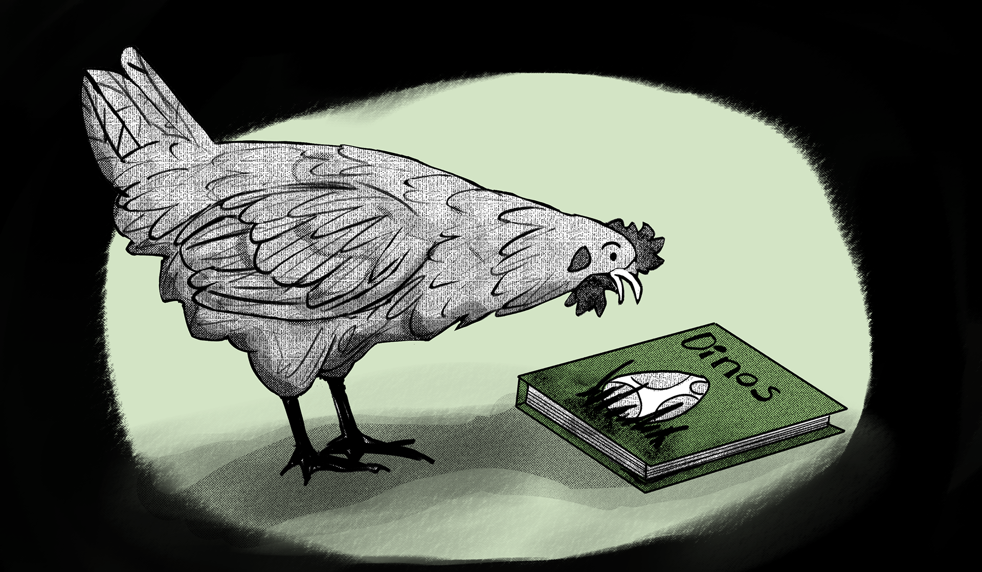 chicken looking at a book about dinosaurs