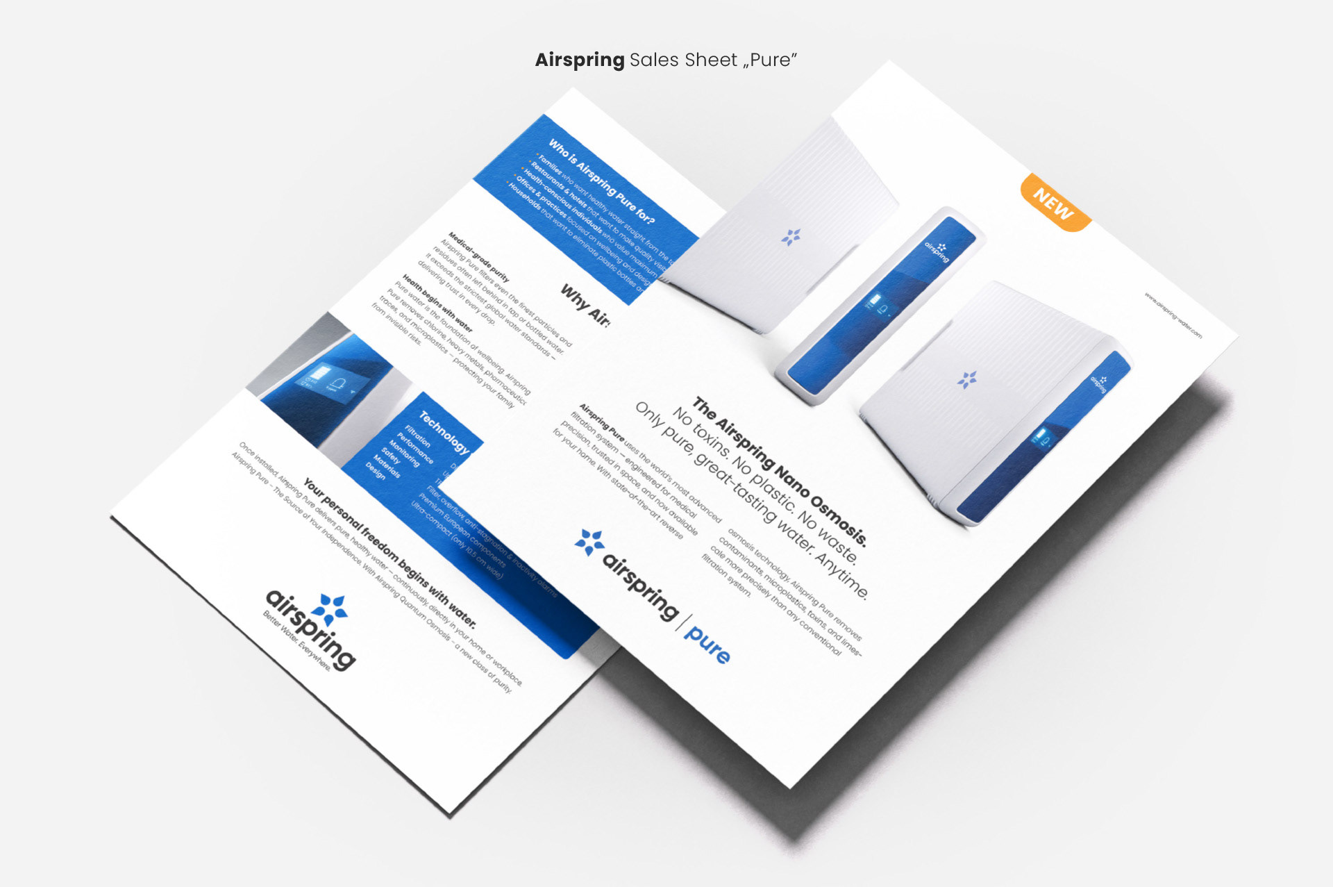 Konzeption und Gestaltung der Airspring B2B-Vertriebsliteratur. Hochwertig gedruckte Imagebroschüre und Datenblätter, die technische Produktfeatures in überzeugende Verkaufsargumente übersetzen.