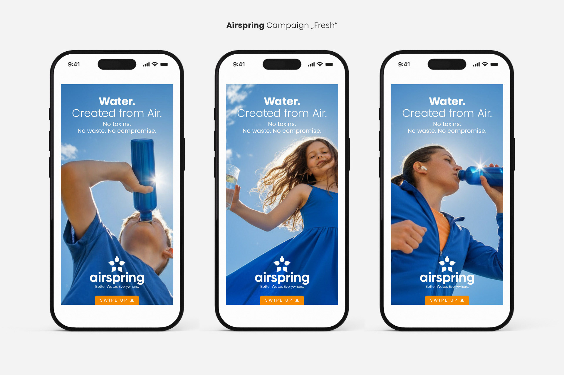 Kampagnenmotive für den Marktstart des Airspring Fresh. Aufmerksamkeitsstarke Creative Direction und Bildsprache, die das Nutzenversprechen der Marke verkaufsstark auf den Punkt bringt.