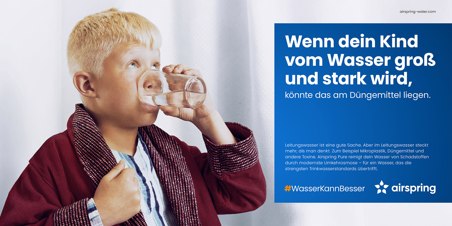 Kampagnenmotiv für den Marktstart des Airspring Pure. Aufmerksamkeitsstarke Creative Direction und Bildsprache, die das Nutzenversprechen der Marke verkaufsstark auf den Punkt bringt.