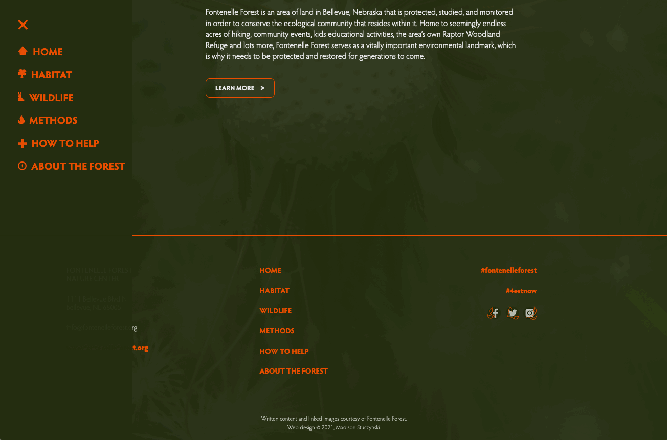 Custom navigation icons, animated button, and custom social media icons in the footer