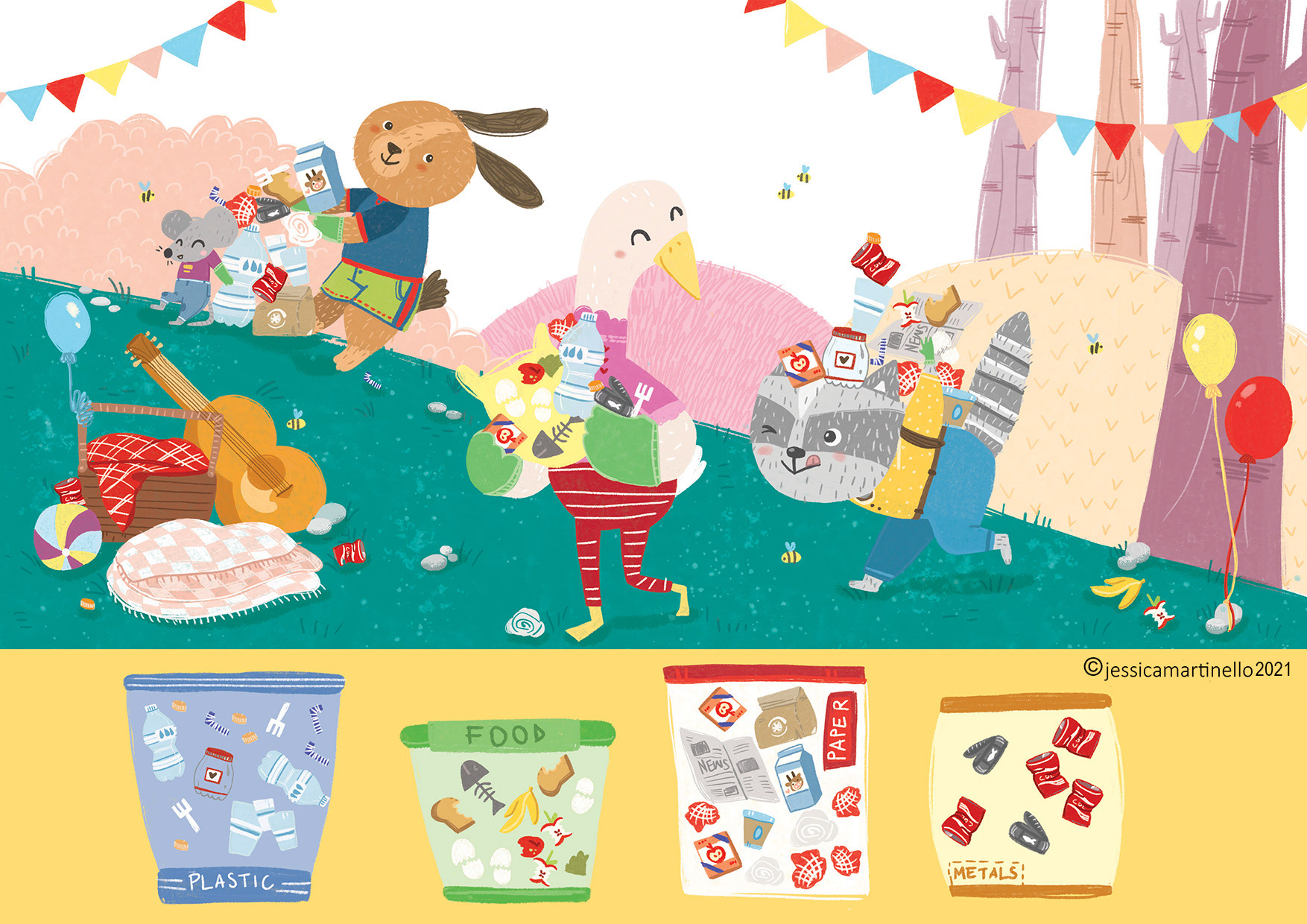 Seek and find-Recycle with friends. Illustration by Jessica Martinello