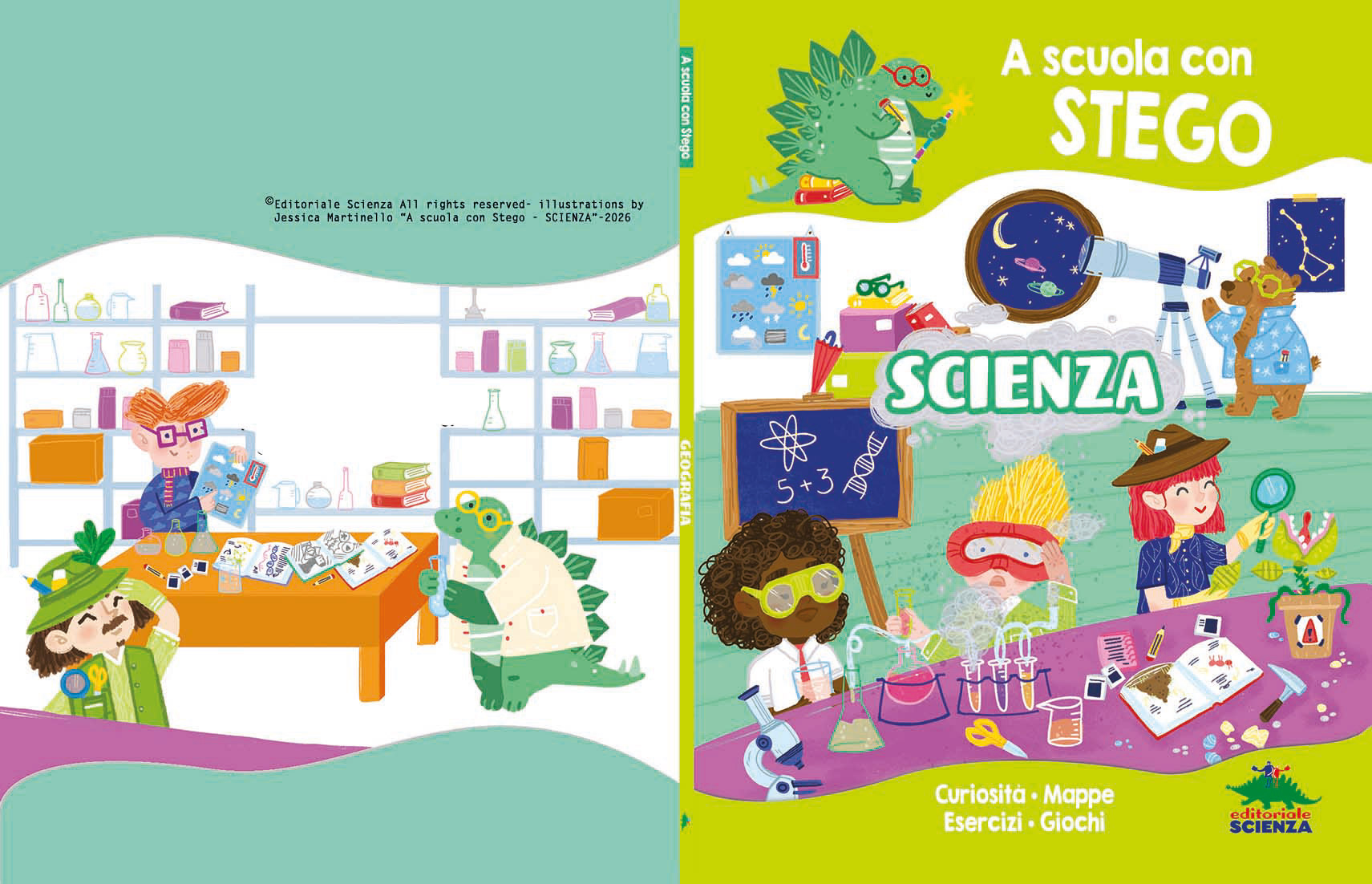 Cover "A scuola con Stego-Scienza", Editoriale Scienza -Illustrations by Jessica Martinello.