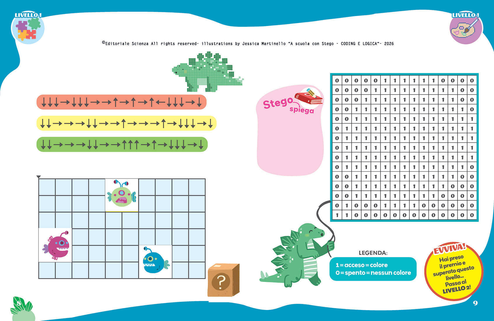 "A scuola con Stego - Coding e Logica" Illustrations by Jessica Martinello.