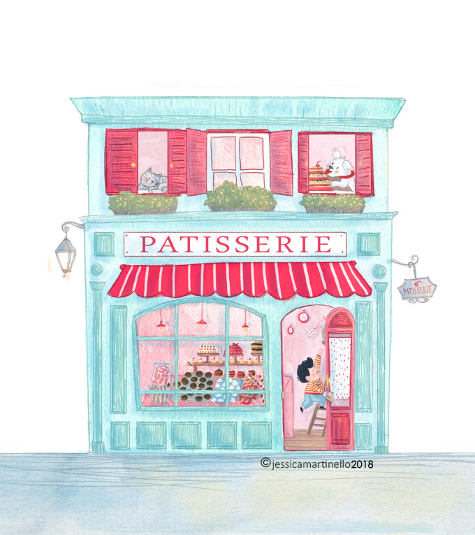 Paper bakery with pop-up windows and doors illustration by Jessica Martinello illustrator.