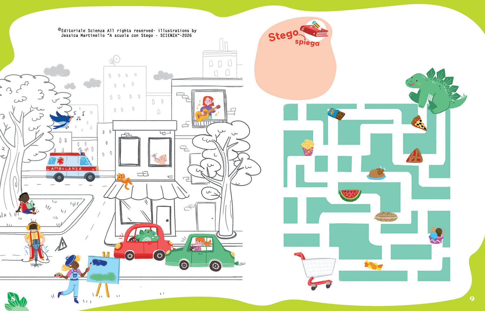 "A scuola con Stego-Scienza", Editoriale Scienza -Illustrations by Jessica Martinello.