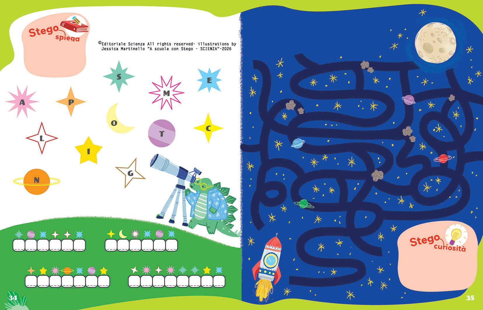 "A scuola con Stego-Scienza", Editoriale Scienza -Illustrations by Jessica Martinello.